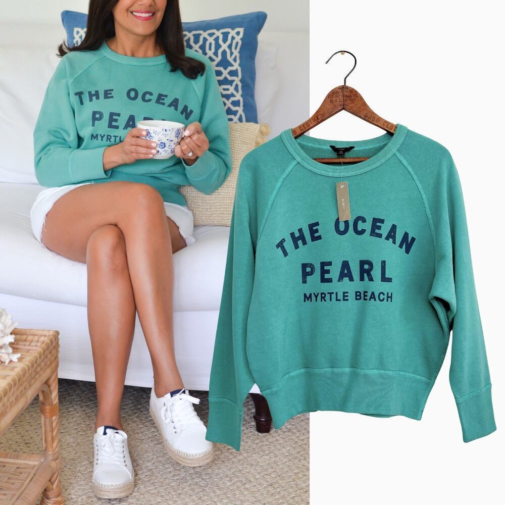 NEW JCrew Cotton Ocean Pearl Myrtle Beach Green Crop Pullover Sweatshirt XS